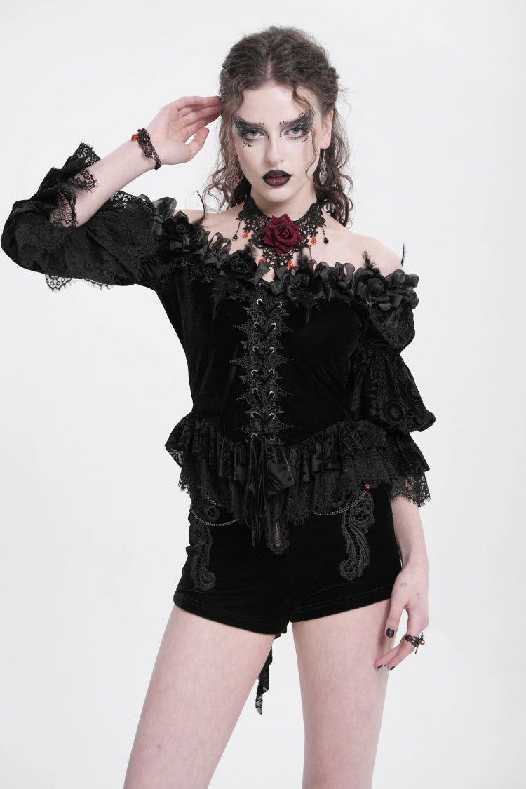 Black Off Shoulder Long Sleeves Ruffle Embroidery Lace-Up Women's Gothic Blouse - Product - 2