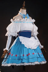Blue/White [Arknights] Short Puff Sleeves Double-Layered Print Bowknot Lace Cosplay Classic Lolita Dress Set - Product - 3
