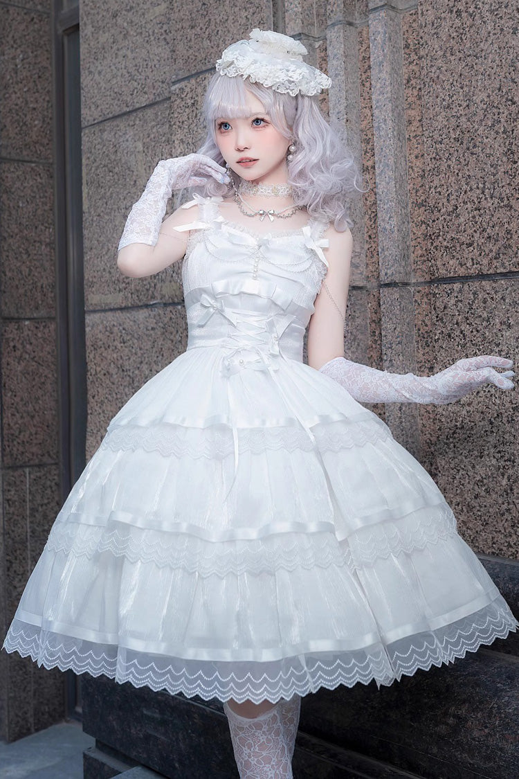 White Sleeveless Multi-layer Ruffle Bowknot Sweet Princess Lolita Jsk Dress - Product - 2