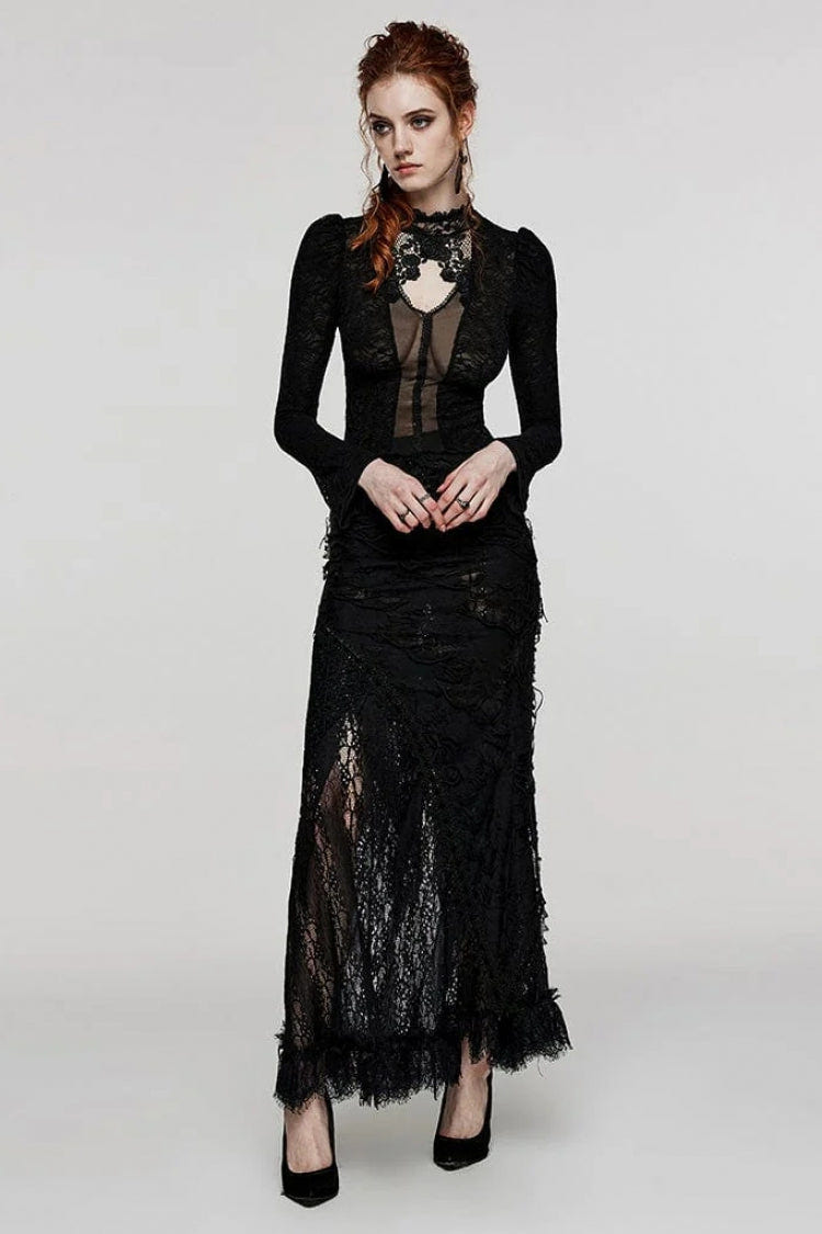Black Rose Stand Collar Long Sleeves Print Lace Lace-Up Sheer Womens Gothic Blouse - Product - 4