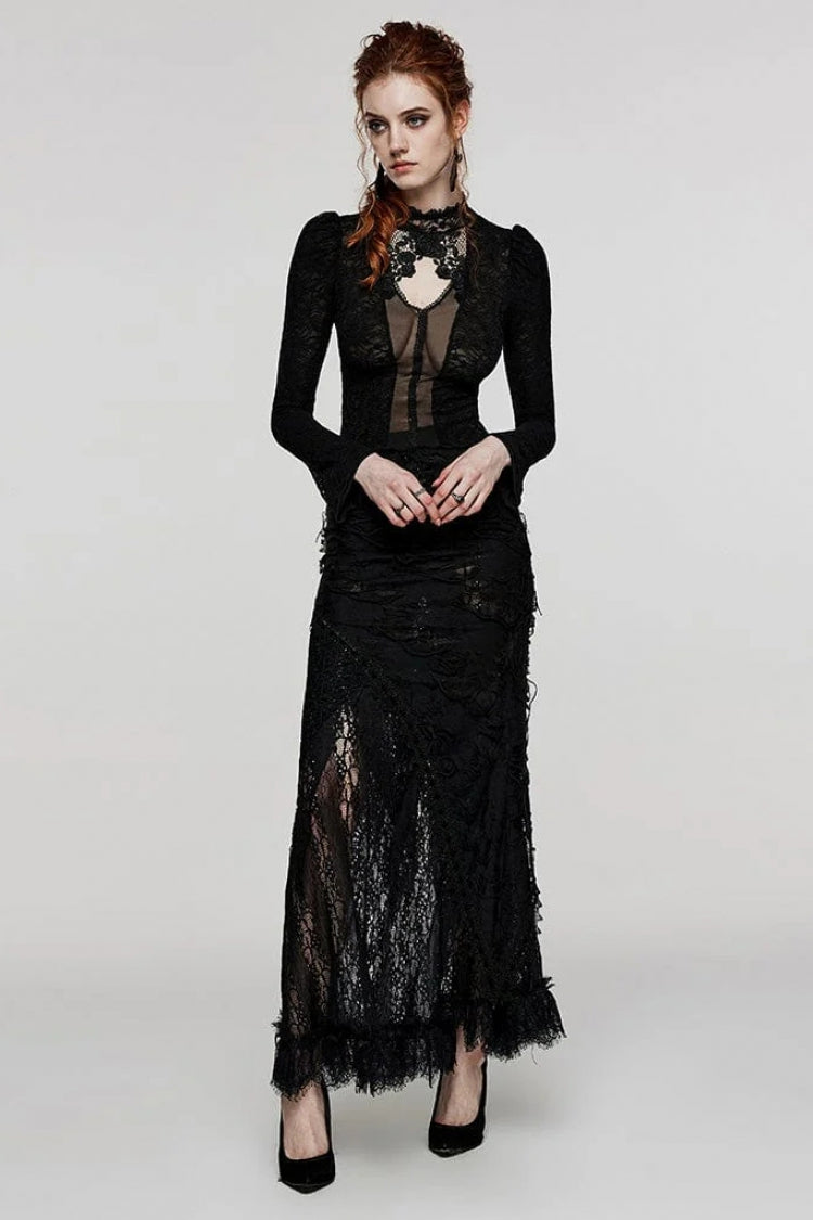 Black Rose Stand Collar Long Sleeves Print Lace Lace-Up Sheer Womens Gothic Blouse - Product - 4