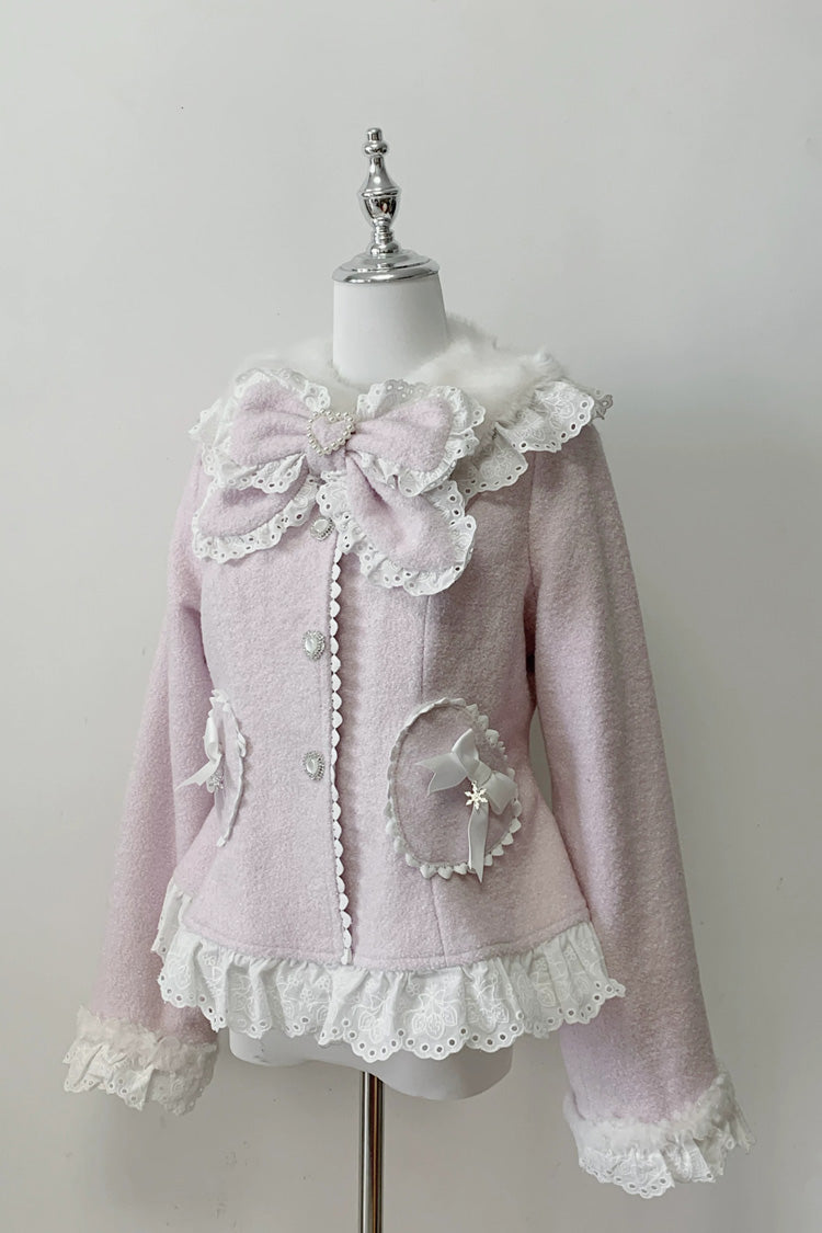[Diamond Strawberry] Long Sleeves Bow Lace Pearl-Decorated Sweet Jirai Kei Lolita Coat 3 Colors - Product - 3