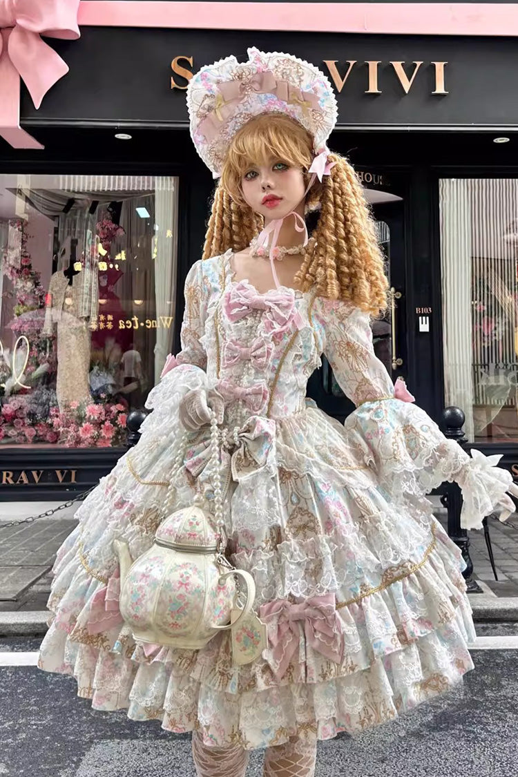 Apricot [Candlelight Elegance] Long Trumpet Sleeves Multi-Layered Ruffle Bowknot Lace Sweet Elegant Lolita Dress - Product - 2