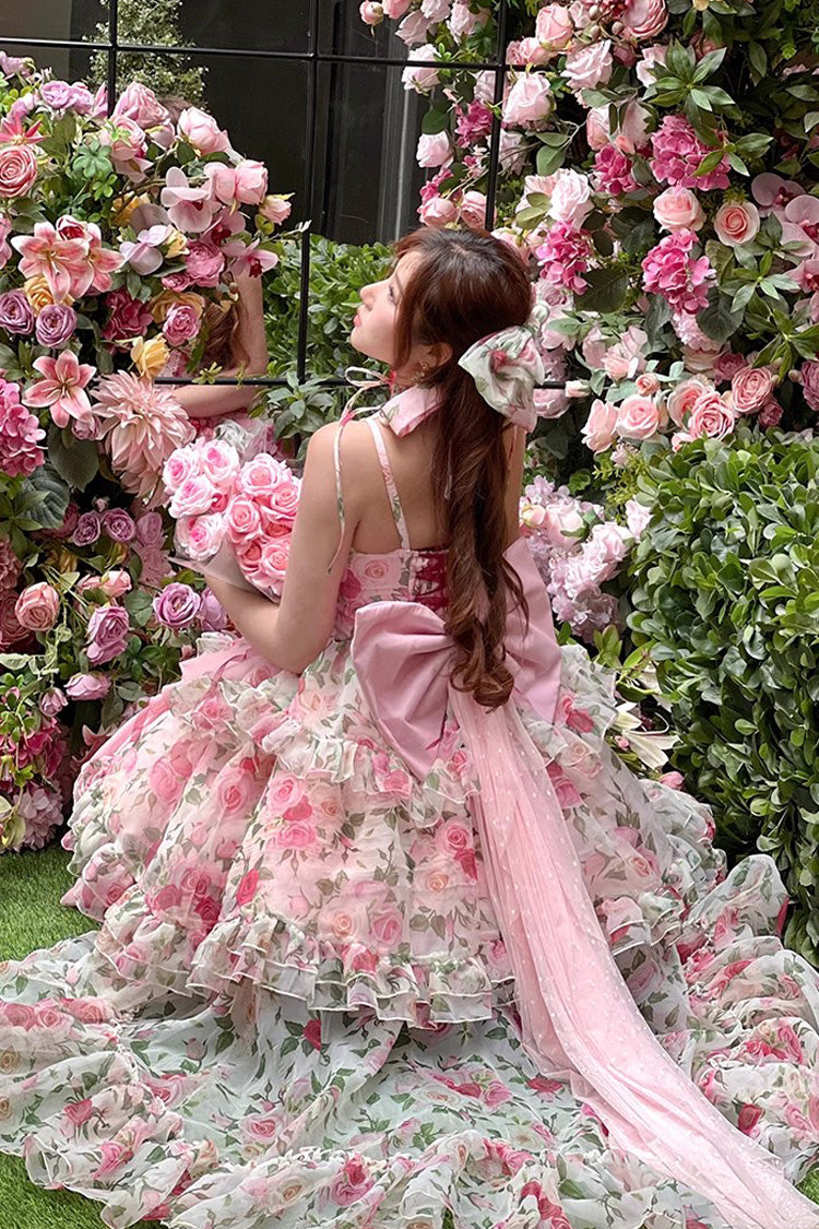 Pink Multi-Color Rose Print Sleeveless Sweet Lolita Strapless Dress - Product - 6