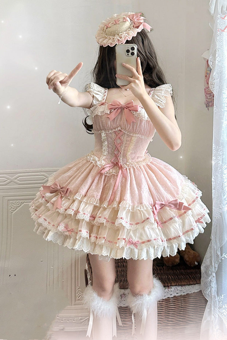 Pink [Flory Butterfly] Double-Layered Ruffle Bowknot Lace Lace-Up Sweet Ballet Lolita Jsk Dress - Product - 9