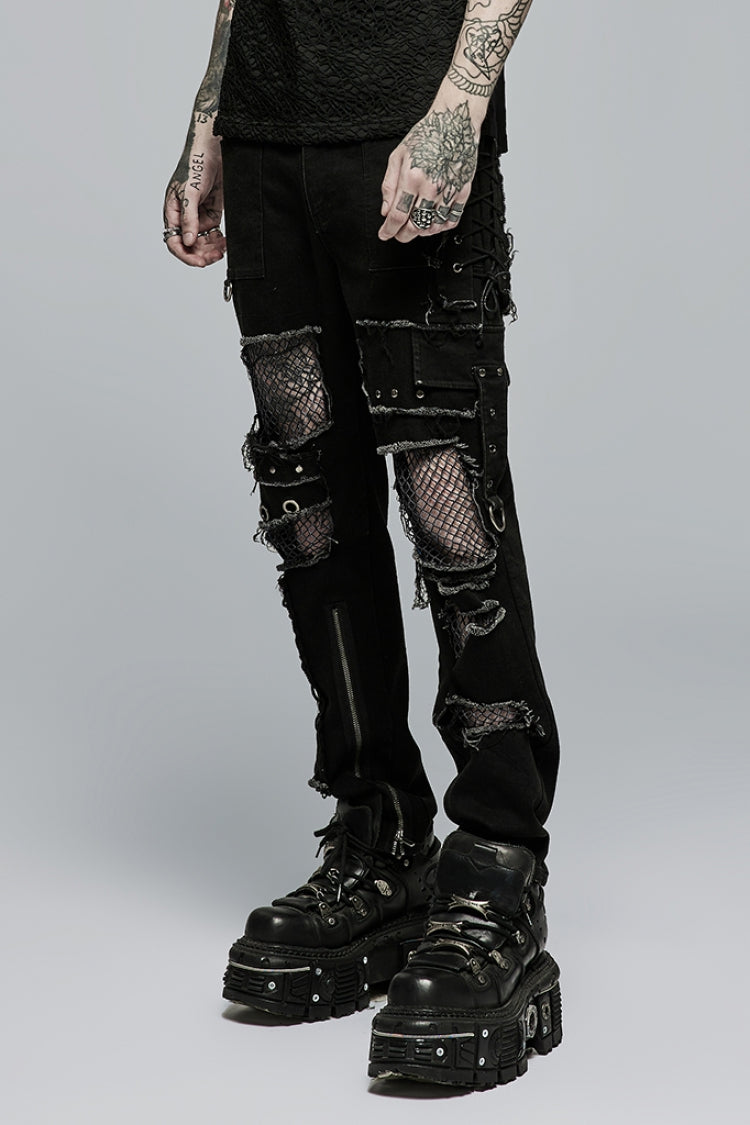 Black Hollow Lace-Up Ripped Men's Punk Pants - Product - 2