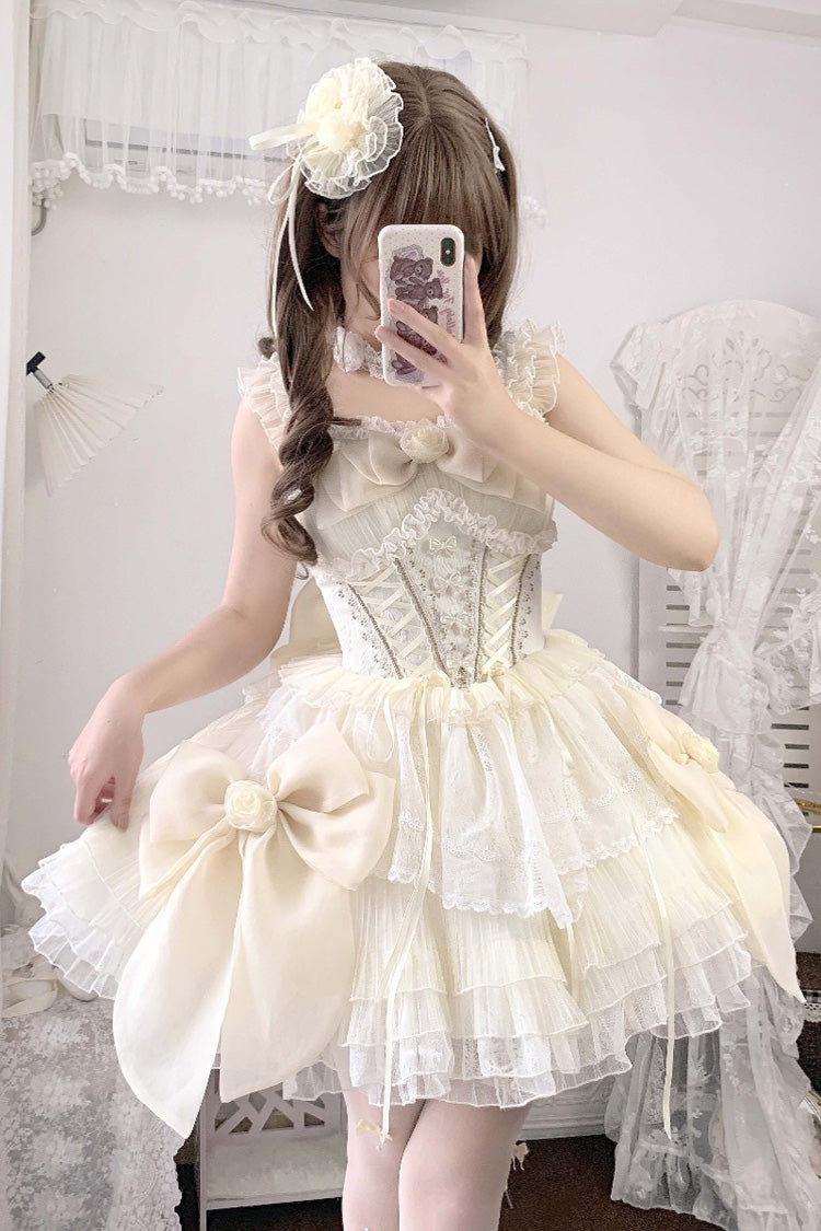 Beige Multi-layer Ruffle Hanayome Bowknot Lace-Up Sweet Princess Lolita Jsk Dress - Beige - 1