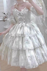 White Short Sleeves Multi-layer Print Hanayome Bowknot Sweet Princess Lolita Strapless Dress - Product - 2
