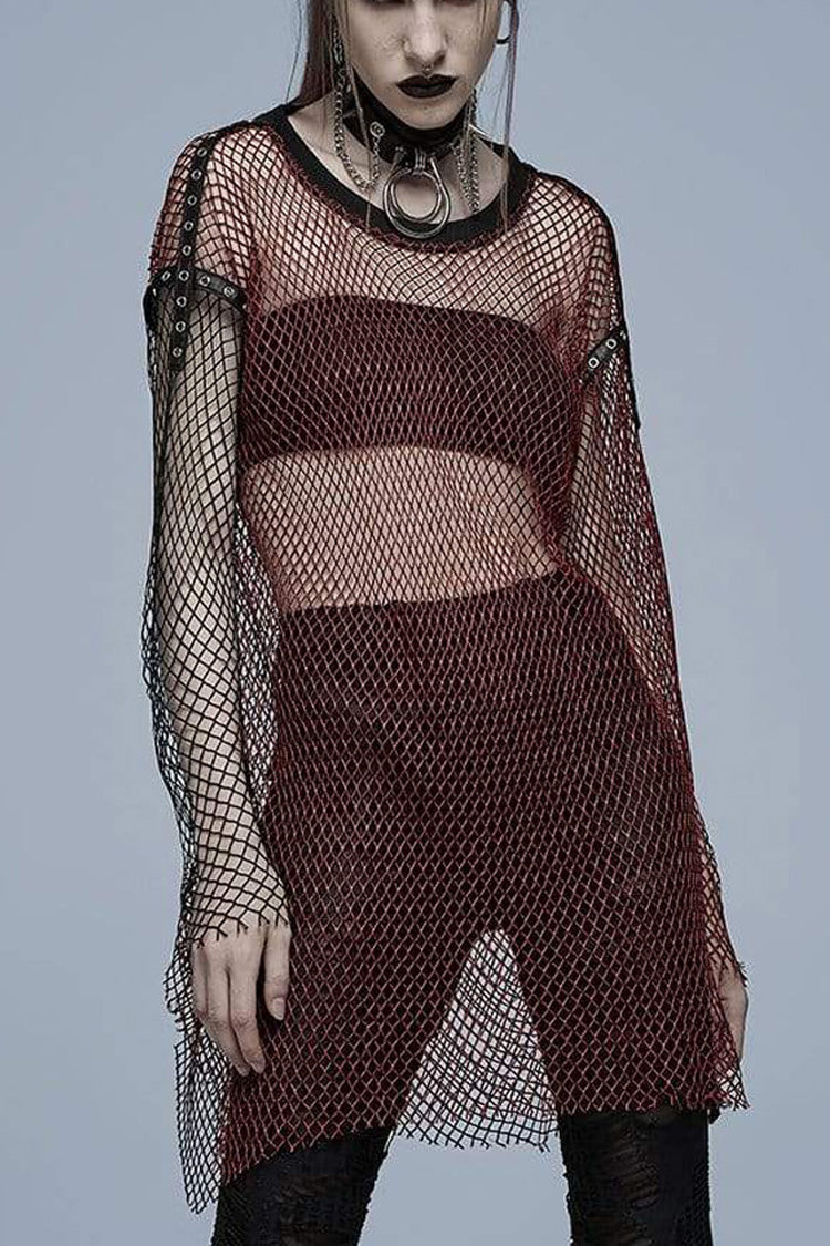 Red Punk Daily Comfortable Perspective Mesh Design No Elasticity Asymmetrical Hem Metal Grommets On Shoulders Long Womens Shirt - Red - 1