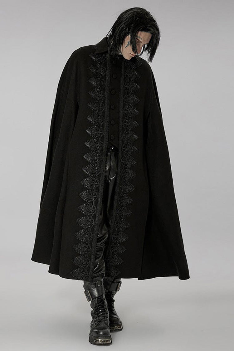 Black Punk Stand Collar Front Lacework Decorate Side Slit Long Men's Cloak - Product - 2