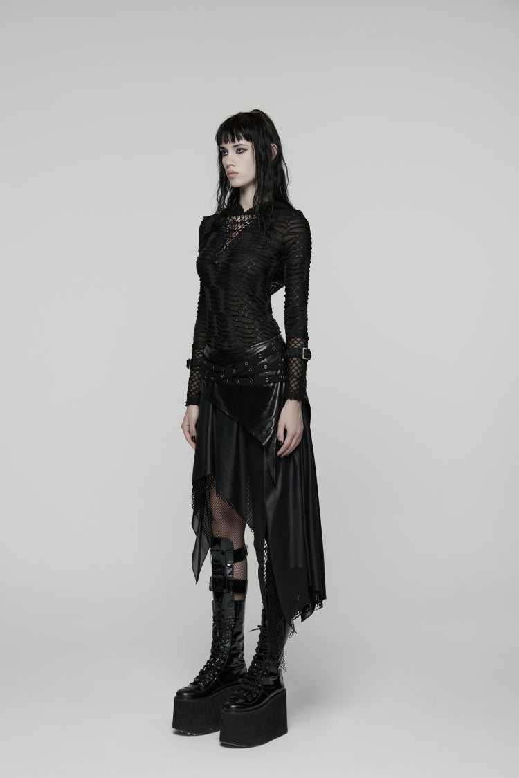 Black Double-Layered Irregular Eyelet Women's Punk rregular Wasteland Skirt - Product - 4