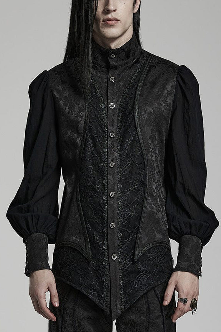 Black Stand Collar Long Puff Sleeves Jacquard Print Lace Mens Gothic Blouse - Black - 1