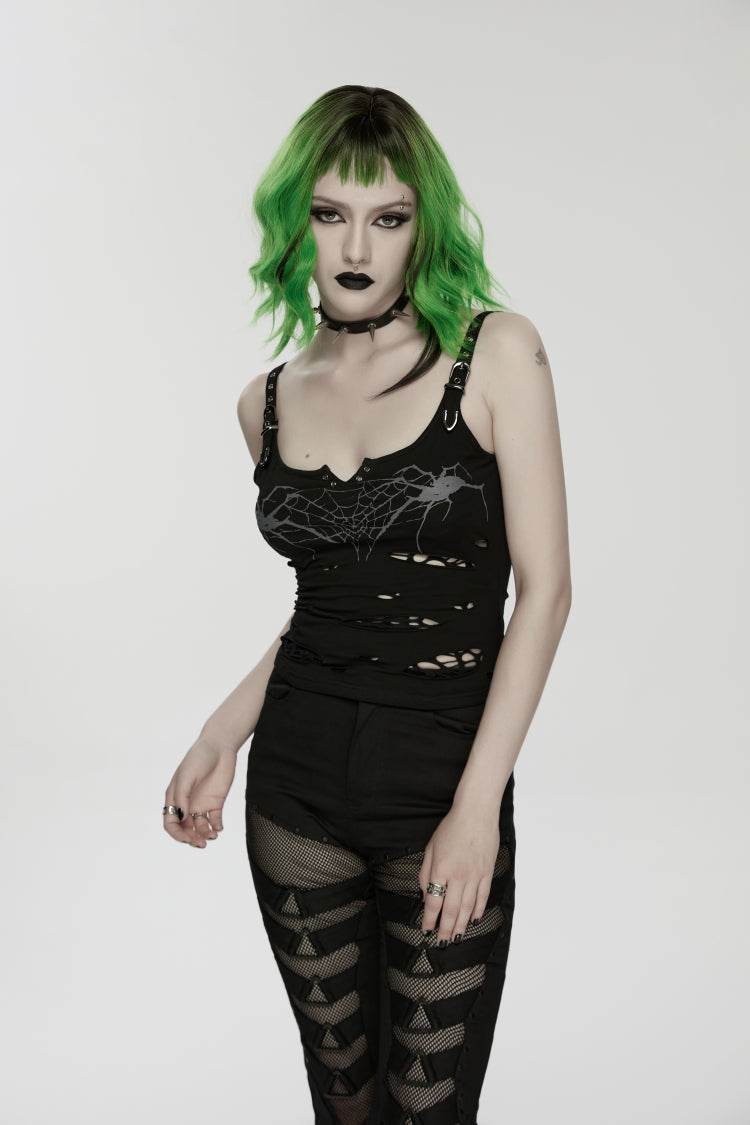 Black Off Shoulder Slim Ripped Buckled Women's Punk Spiders&Web Printed  Vest - Product - 5