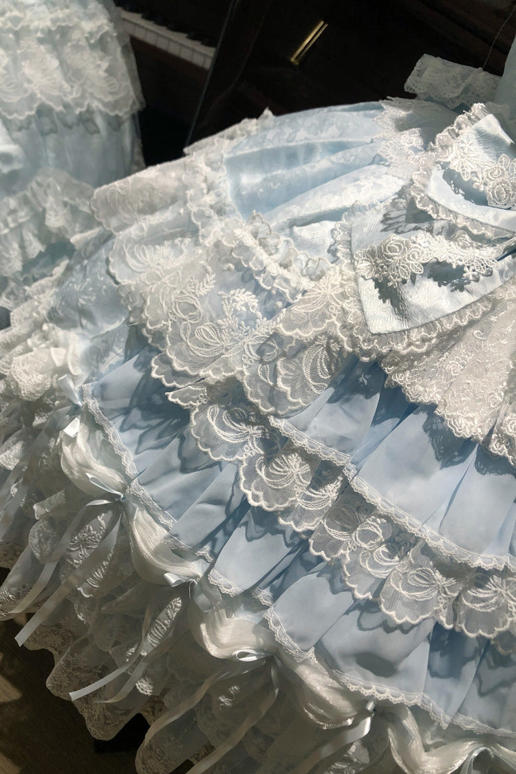 Blue [Eternal Floral Message] Square Collar Sleeveless Multi-Layered Hanayome Embroidered Bow Lace Sweet Lolita Jsk Dress - Product - 6