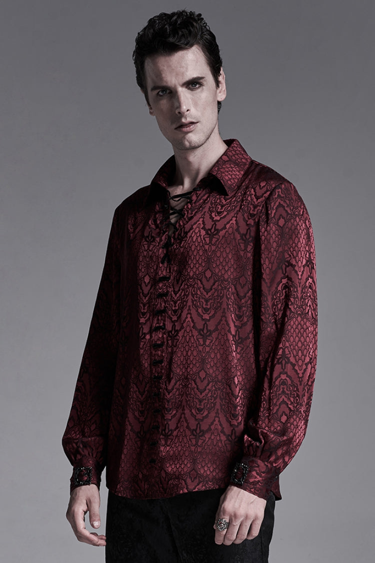 Jacquard Long Sleeve Front Metal Eyelets Lace Up Metal Carving Buckle Cuff Men's Gothic Shirt 3 Colors - Product - 10