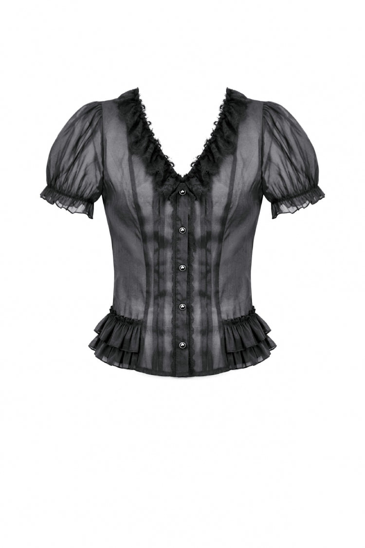 Black Deep V Collar Short Puff Sleeves Multi-Layered Ruffled Lace Sheer Women's Gothic Blouse - Product - 3