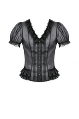 Black Deep V Collar Short Puff Sleeves Multi-Layered Ruffled Lace Sheer Women's Gothic Blouse - Product - 3