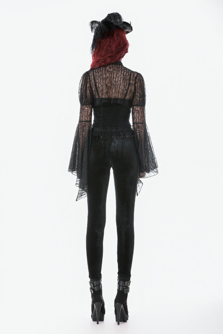 Black Women's Gothic Floral Decal Fishnet Mesh Patchwork Velvet Leggings - Product - 4