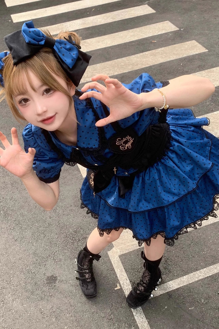 Blue/Black Multi-Layer Polka Dot Print Bowknot Princess Sweet Lolita Skirt Set - Product - 6
