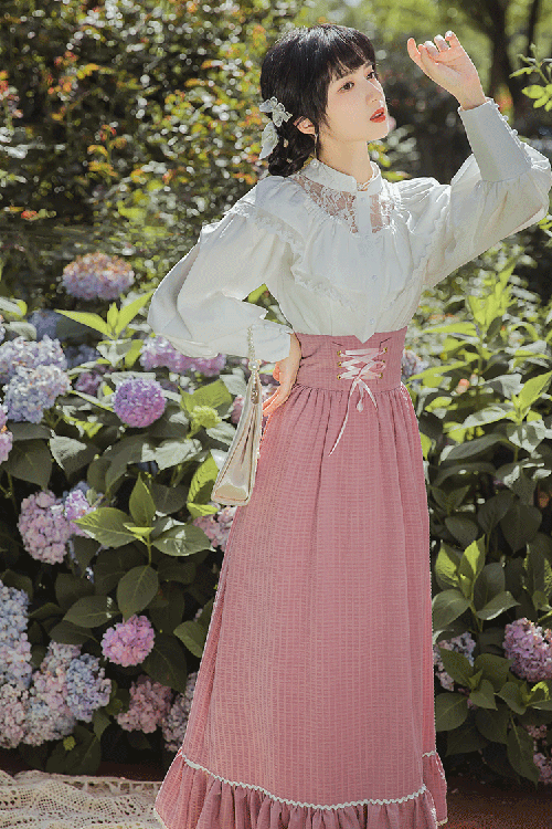Pink Vintage Palace Style Ruffled Stripe Print High Waisted Classic Lolita Dress Skirt - Product - 3