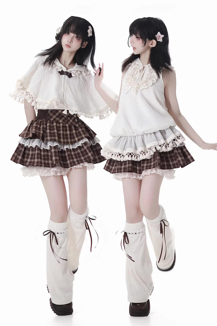 Brown [Warm Summer Days] Double-Layered Printed Ruffled Spliced Lace Sweet Lolita Skirt - Brown (Skirt) - 1