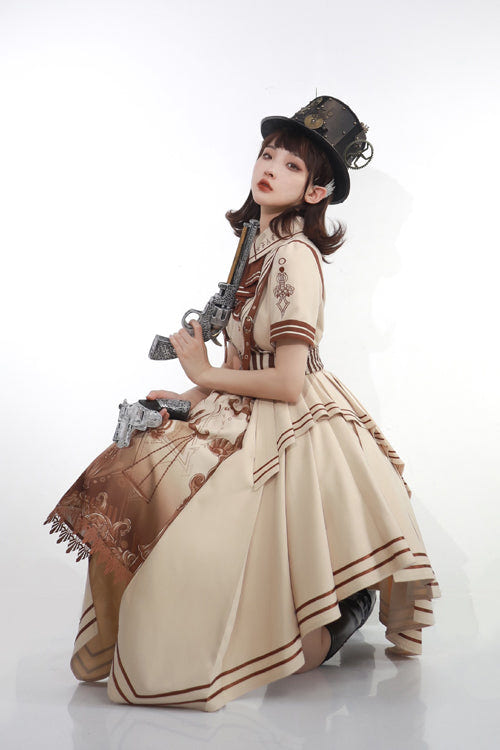 Beige British Style Short Sleeves Libra Print Cardigan Sweet Lolita Dress - Product - 6