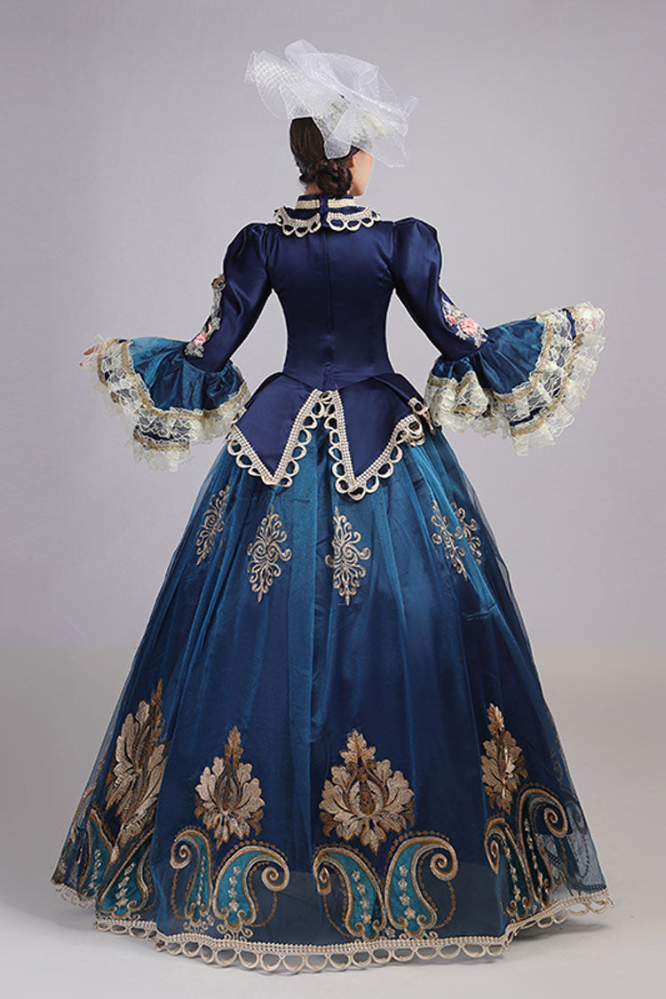 Blue Trumpet Sleeves High Waisted Three Dimensional Flower Hollow Embroidery Print Victorian Lolita Prom Dress - Product - 5
