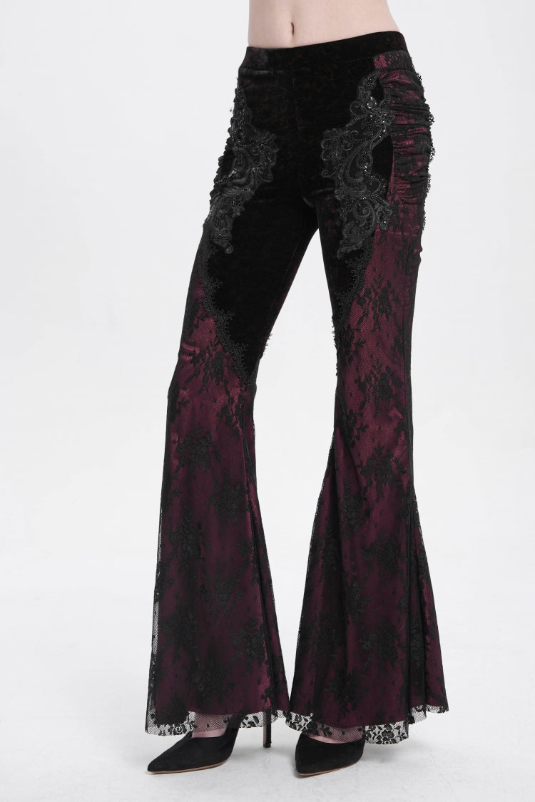 Red Floral Embroidery Stitching Lace Women's Gothic Pants - Red - 1
