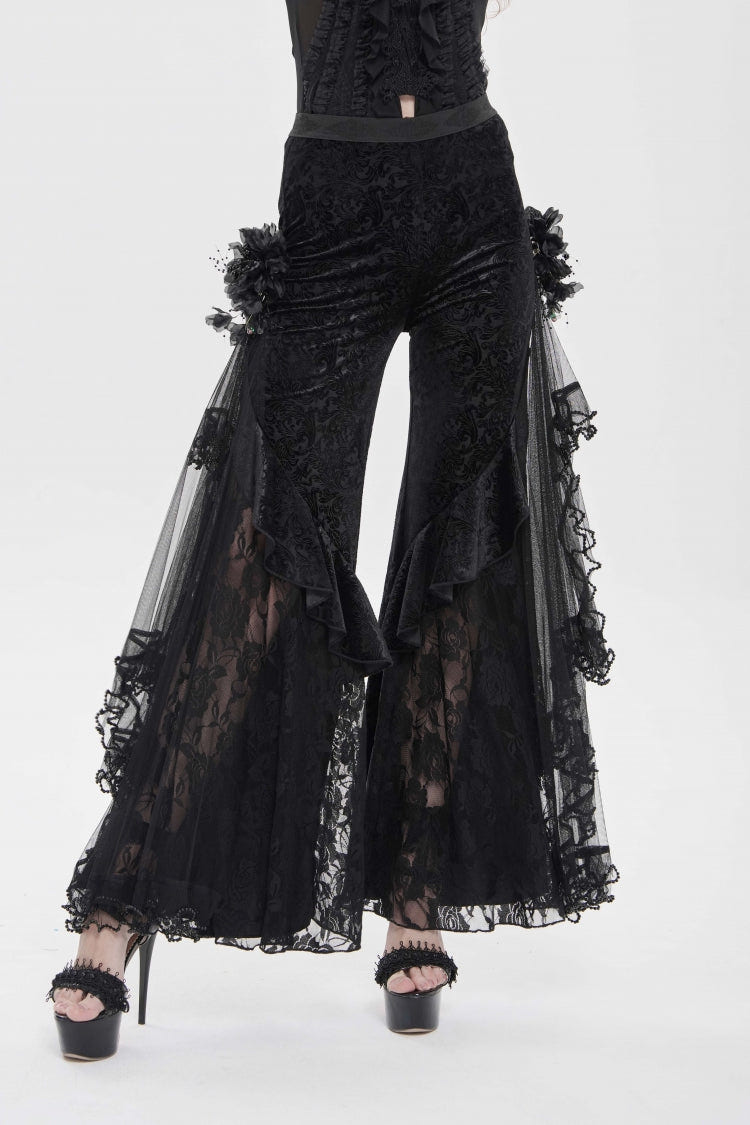 Black Embroidered Lace Women's Printed Mesh Floral Gothic Pants - Product - 8