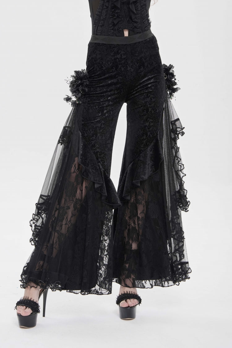 Black Embroidered Lace Women's Printed Mesh Floral Gothic Pants - Product - 8