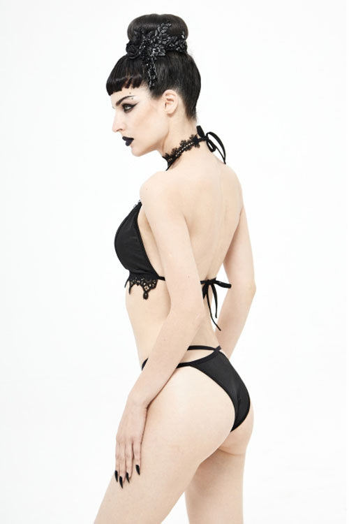 Black Gothic Lace Collar Lace Up Bikini Swimsuit - Product - 5