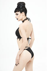 Black Gothic Lace Collar Lace Up Bikini Swimsuit - Product - 5