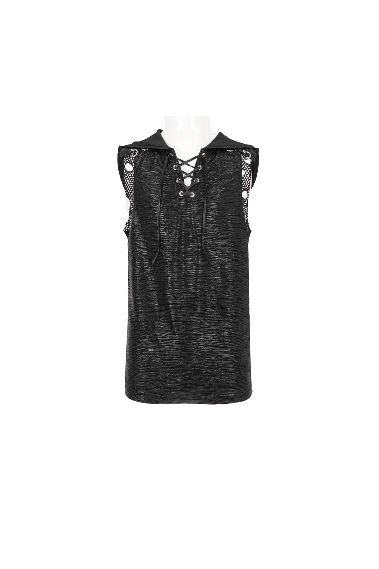 Black Strappy Mesh Splice Men's Punk Vest With Hood - Product - 7