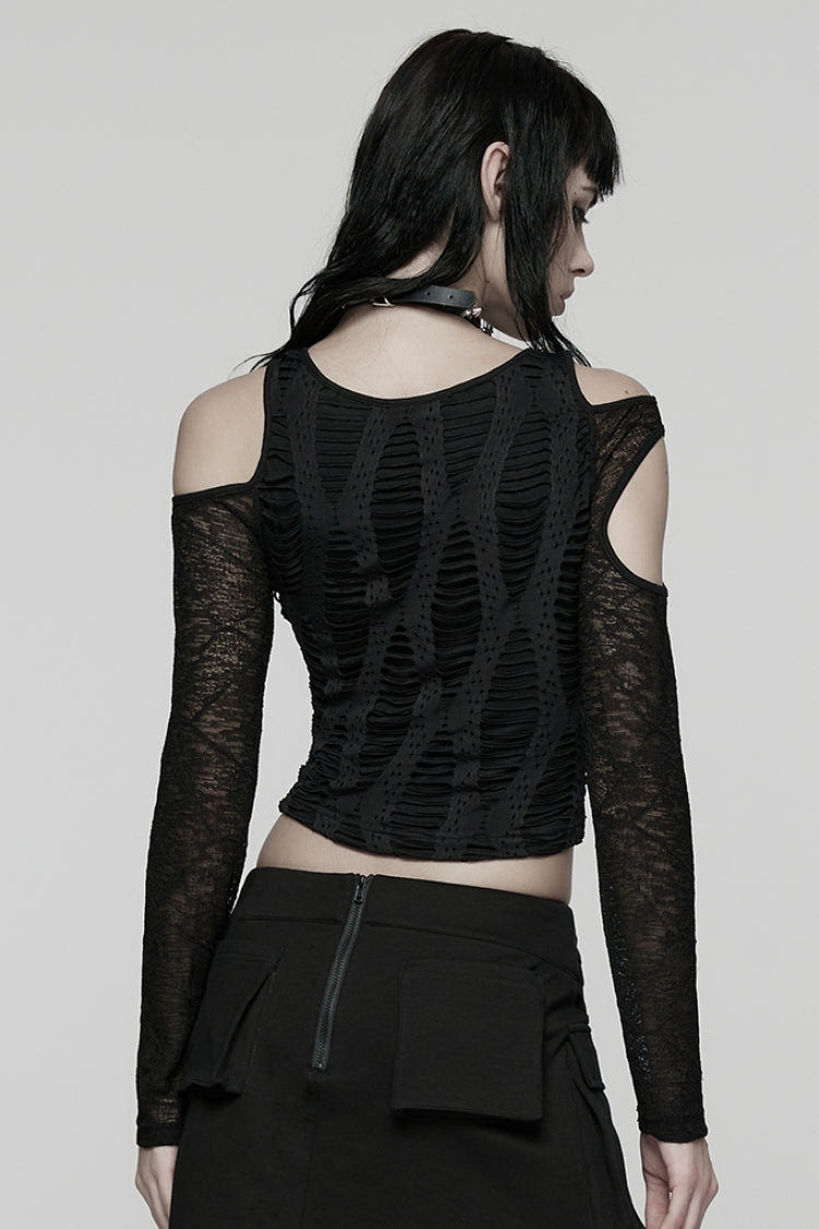 ブラック オフショルダー 長袖 Spliced メッシュ プリーツ レディース パンク Top 商品画像