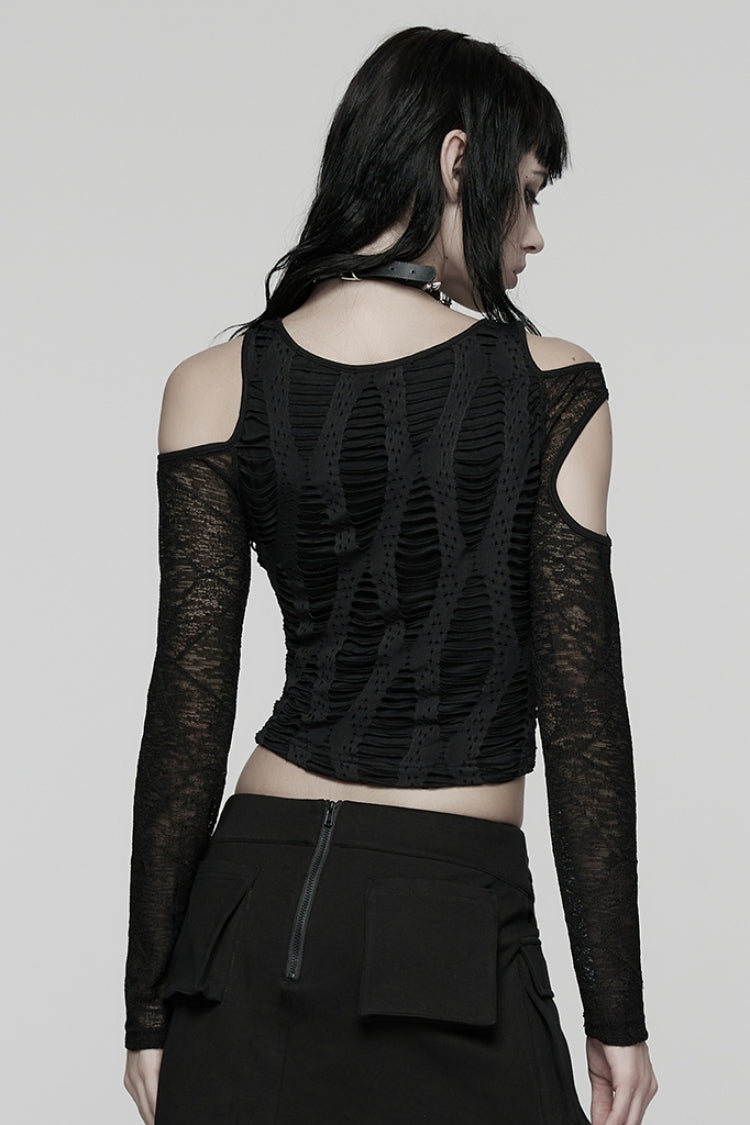 Black Off Shoulder Long Sleeves Spliced Mesh Pleated Women's Punk Top - Product - 3