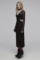 Black V Collar Long Sleeves Hollow Stitching Mesh Women's Gothic Dress - Product - 2