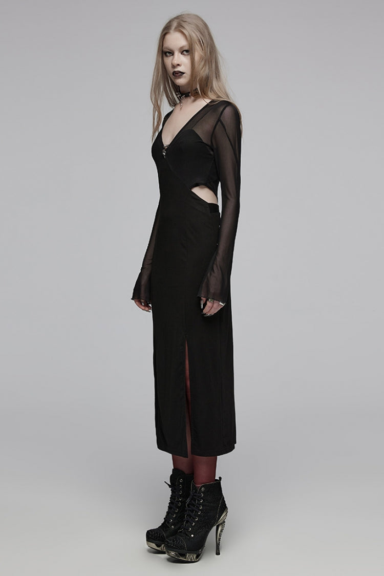 Black V Collar Long Sleeves Hollow Stitching Mesh Women's Gothic Dress - Product - 2
