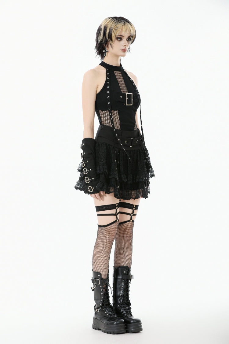Black Wide-Waistband Eyelet Strap Double-Layered Lace Women's Punk Skirt - Product - 10
