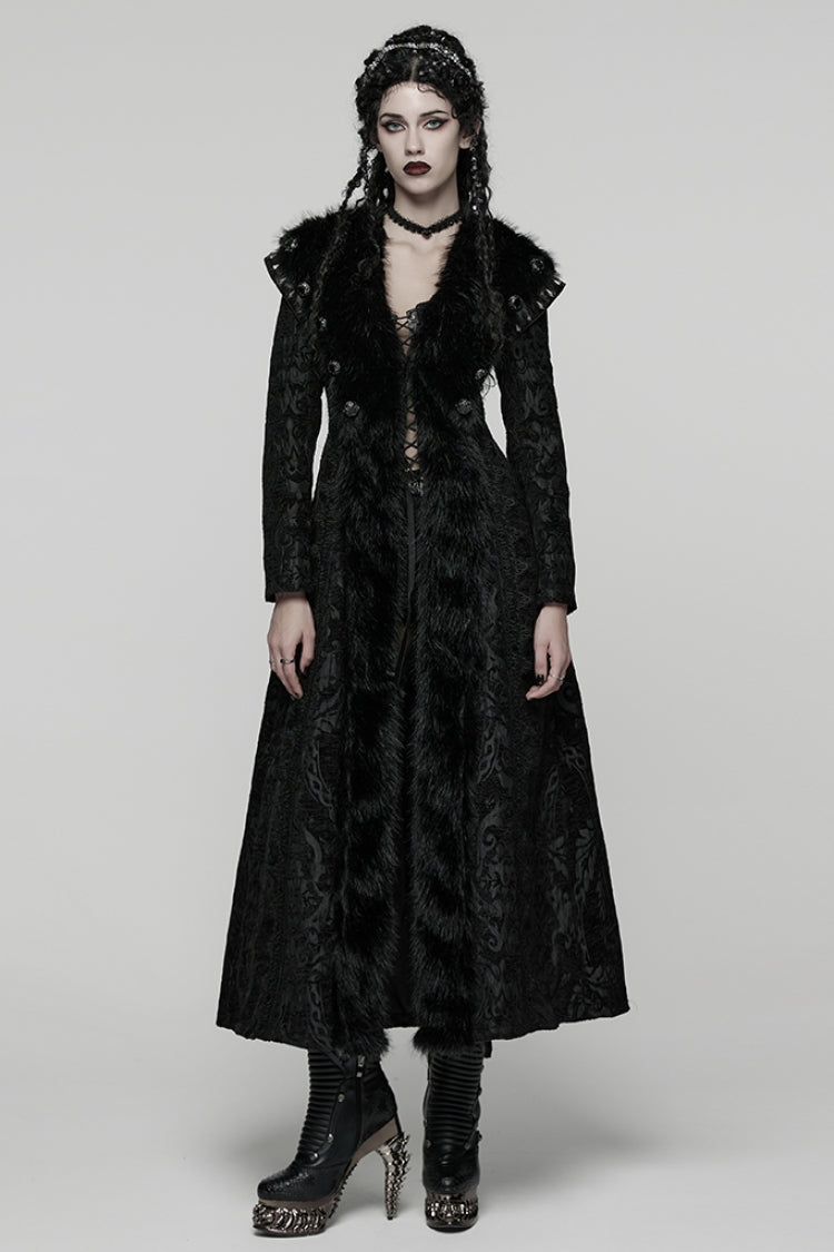 Black Lapel Collar Long Sleeves Floral Printed Plush Spliced Women's Gothic Coat - Black - 1