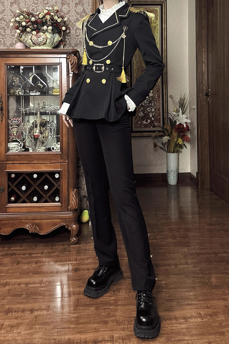 Black Lapel Collar Long Sleeves Ouji Military Prince Handsome Lolita Suit Coat - Product - 6
