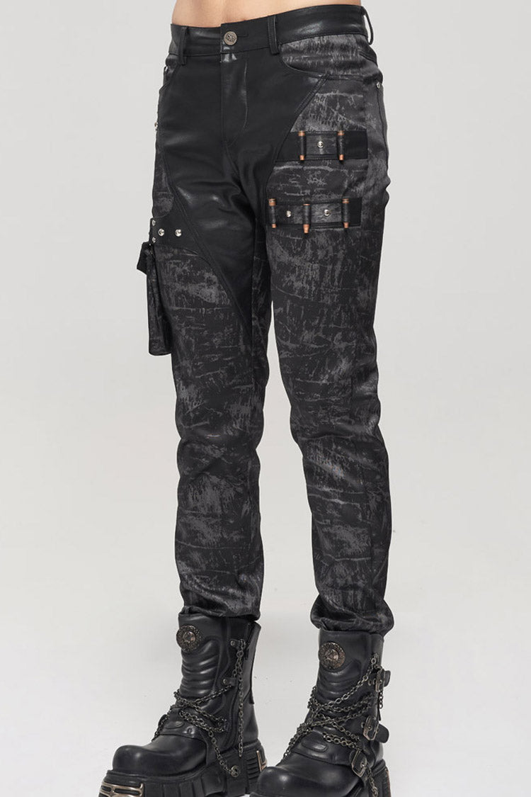 Black Punk Do Old Print Detachable Multi-Pocket Splicing Metal Rivet Decoration Men's Long Pants - Product - 3