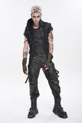 Black Stand Collar Sleeveless Zippered Chain-Decorated Men's Punk Cool Unedged Vest - Product - 12