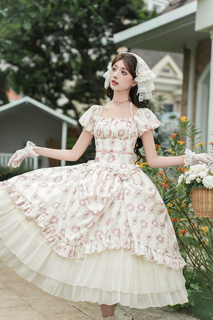 Ivory [Rose After The Rain] Short Sleeves Triple-Layered Print Ruffle Bowknot Lace-Up Sweet Lolita Long Dress - Product - 3