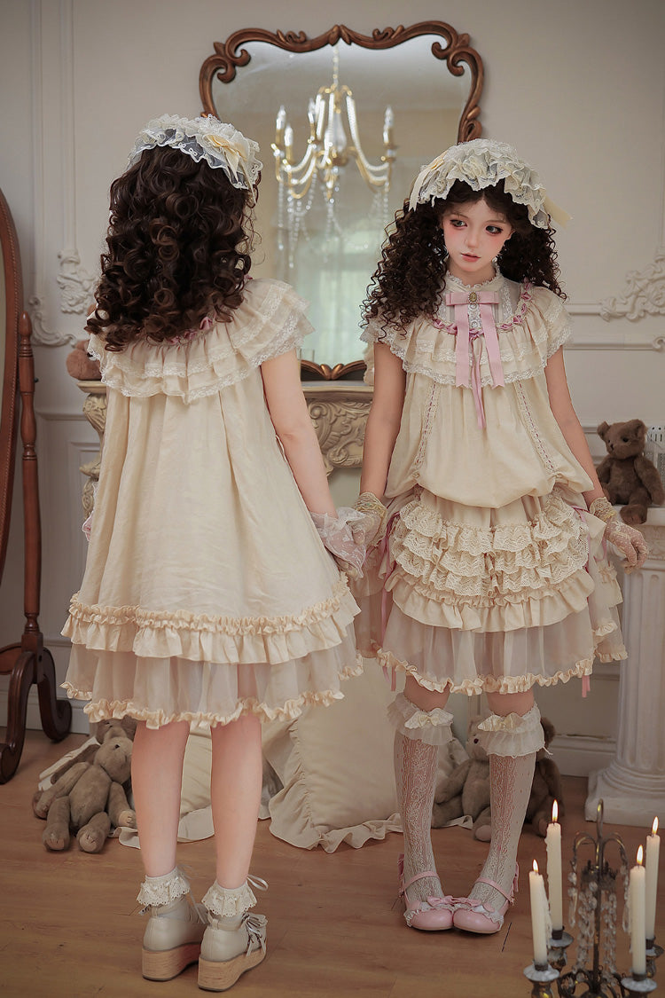 Apricot [Lily's Dream] Stand Collar Short Sleeves Loose-Fit Doll-Like Multi-Layered Ruffled Bow Lace Sweet Lolita Dress 2 Versions - Product - 11