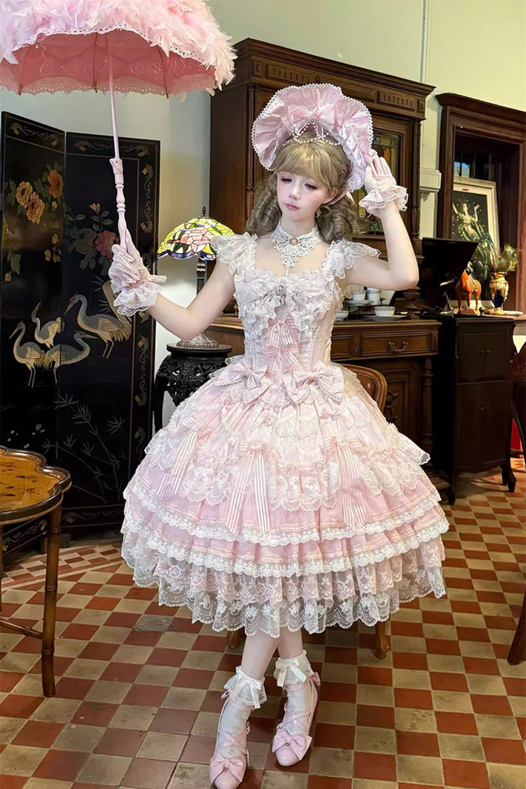 Pink [Moonlit Sakura Ode] Sleeveless Multi-Layered Ruffled Bow Lace Sweet Lolita Dress - Product - 3