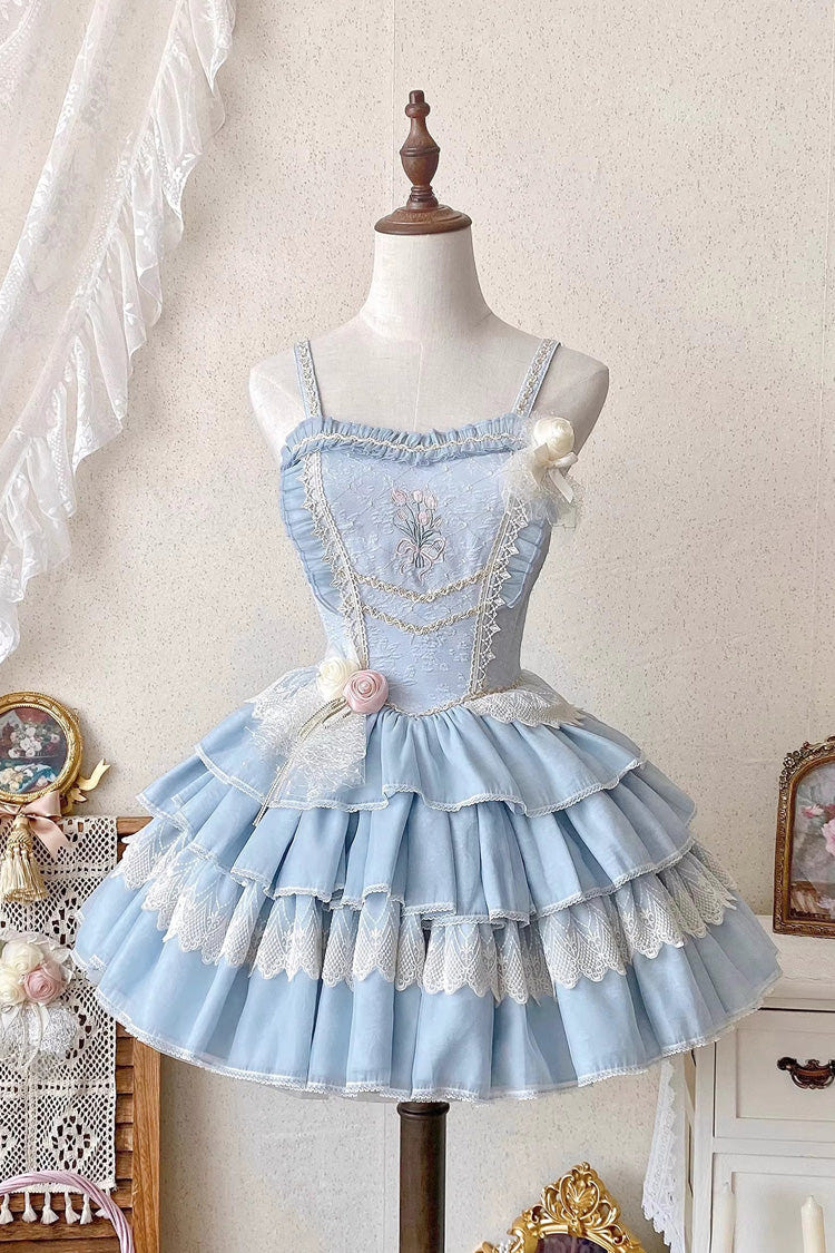 [Good Night, Tulip] Sleeveless Multi-Layered Ruffled Embroidered Lace Sweet Ballet Lolita Jsk Dress 2 Colors - Blue - 1