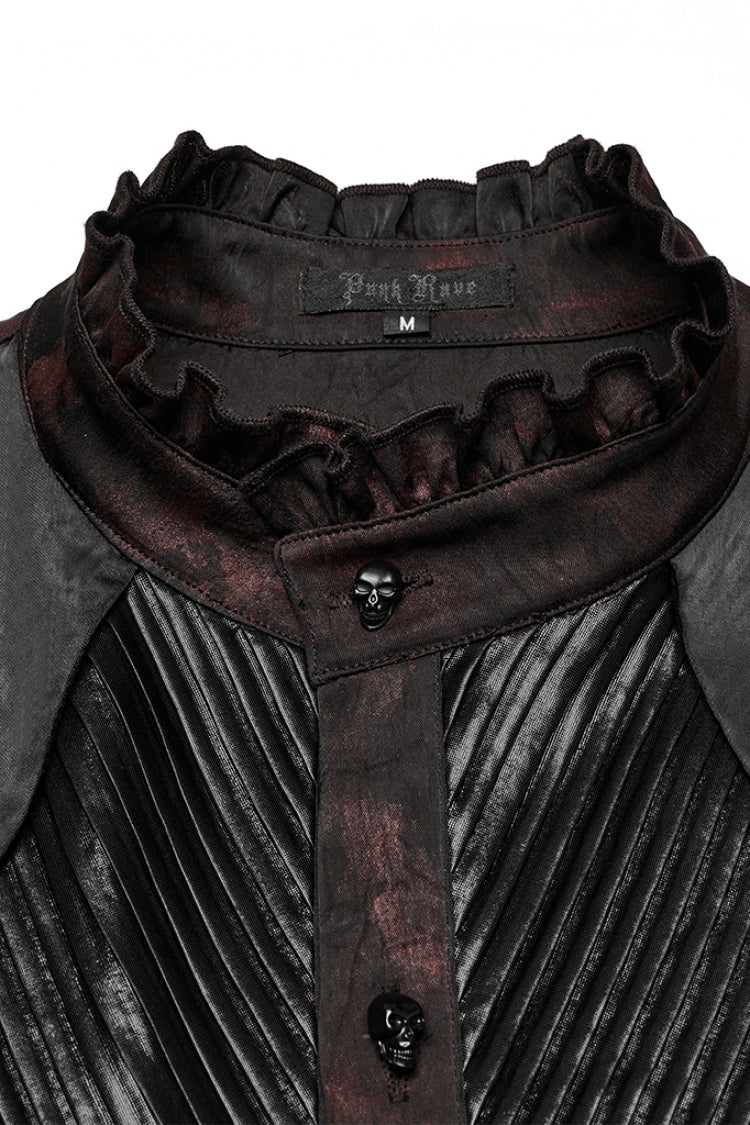 Black/Red Stand Collar Long Sleeves Ruffle Pleated Men's Gothic Blouse - Product - 6