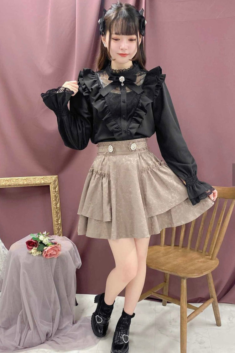 Jacquard Dark Pattern Bowknot Sweet Jirai Kei Japanese Lolita Skirt 3 Colors - Apricot - 7
