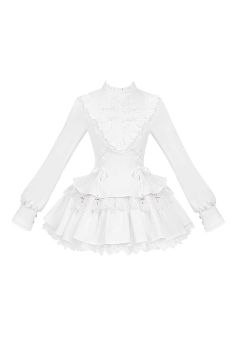 White Long Sleeves Ruffle Lace-Up Sweet Handsome Lolita Dress - Product - 3