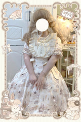 Ivory Short Puff Sleeves Print Ruffle Bowknot Plus Size Princess Lolita Dress - Product - 6
